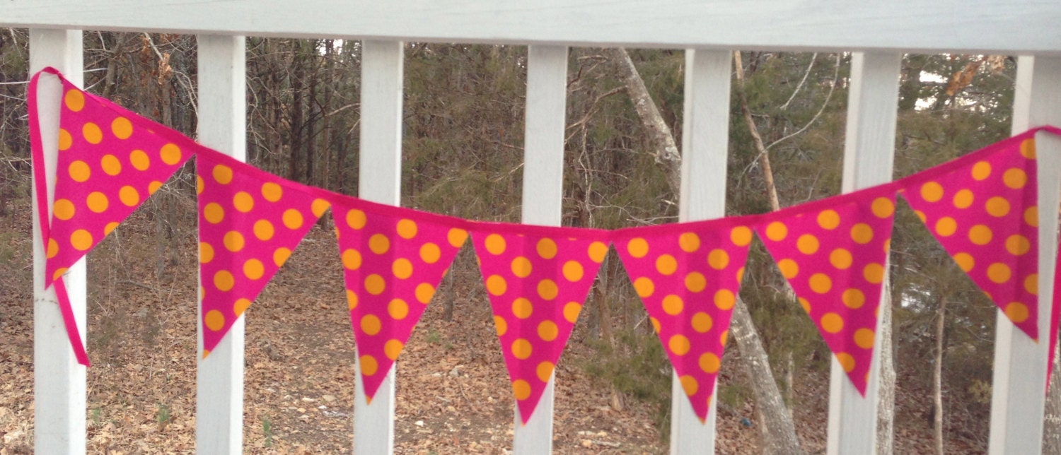pennant style hot pink & yellow gold dot fabric bunting banner, feminine - great for photo prop, decor, first birthday party, summer, 1st
