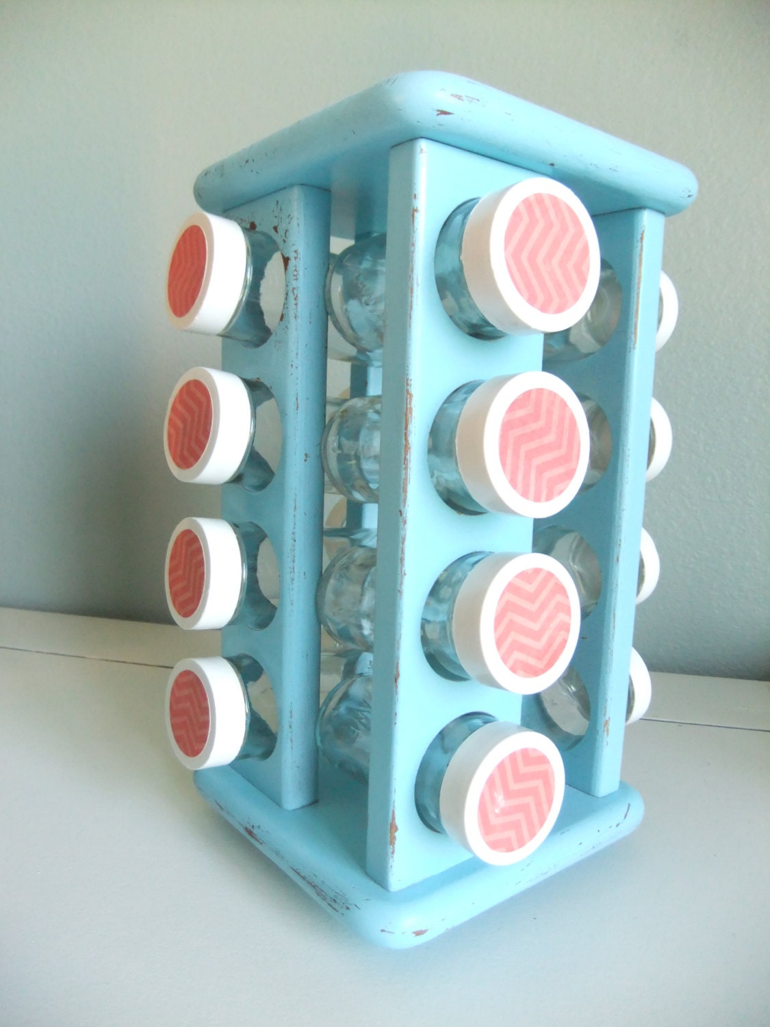 Office Organizer or Craft Room Storage from Upcycled Spice Rack Holder, Painted Aqua blue with pink chevron