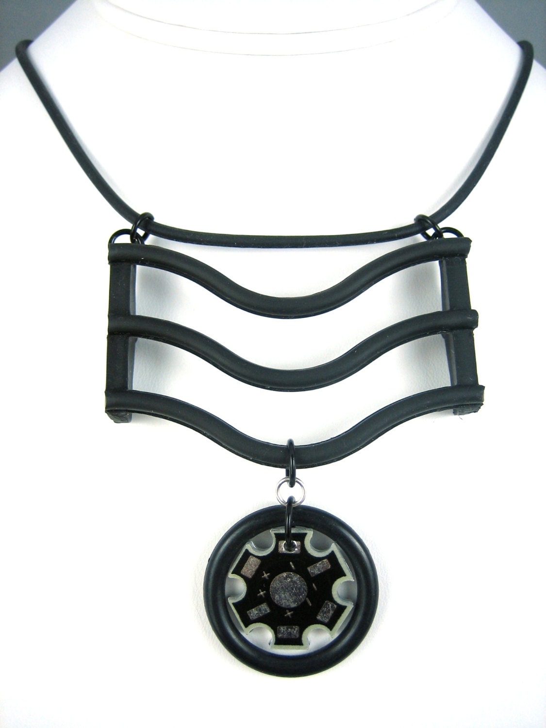 LED Heat Sink Base Plate, O-ring, Sink Protector Mat, Rubber Cord, Modern, Industrial, Geometric, Techie, Statement Necklace, Geek Jewelry