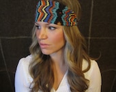 Aztec Chevron Headband -  Head Wrap - Stretch Headband - Wide Headband - Black, Blue, Turquoise, Orange, Yellow