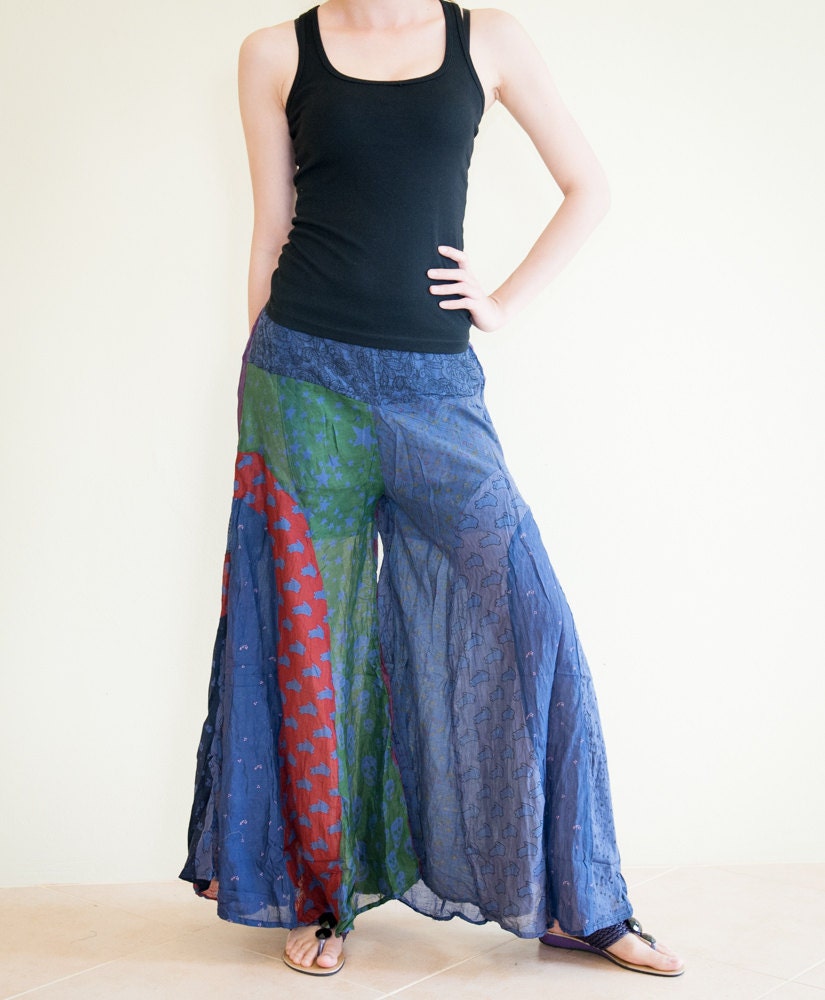 Unique Patchwork Butterfly Wide Leg Women's Pants Light Weight Printed Cotton Elastic Waist Gypsy Hippie Boho Crinkle Trousers (PK-46)