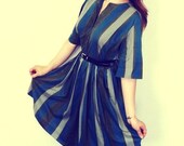 Vintage 1950s House Dress Blue and Olive Green Striped Dress Casual Cotton Sun Dress Full skirt size medium to large Shirt Dress