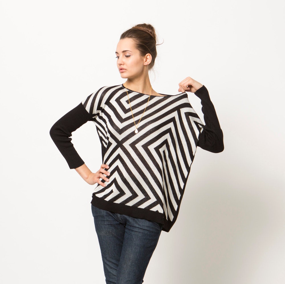 Perfect Women Sweater, Black and White Top, Stripes Sweater, Long Sleeve Shirt - MatkaShop