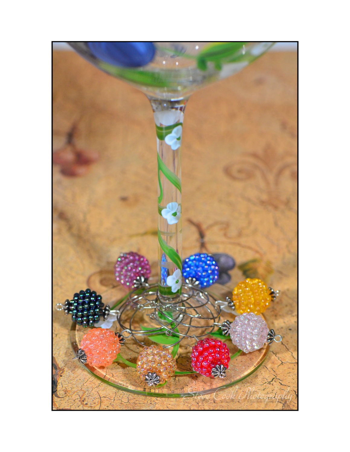 Vintage berry fruit wine glass charms glass markers tags, set of 8, beaded, kitchen accessories, housewares, housewarming gift, handmade