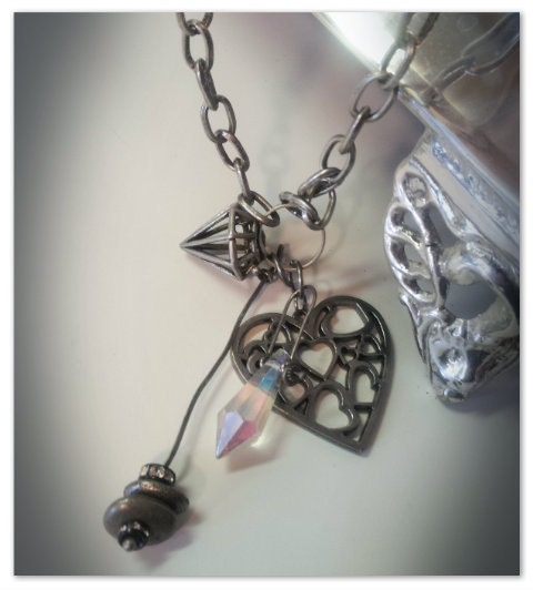 Heart of stone- Metal diamond heart crystal necklace victorian chic goth edwardian nouveau boho industrial steampunk jewelry