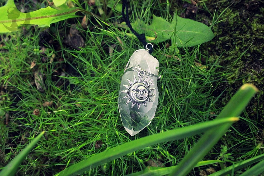 quartz crystal necklace with sun&moon charm