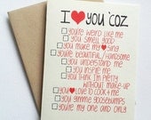 I love you card with funny list - romantic valentines day card with list of reasons - anniversary card for him for her