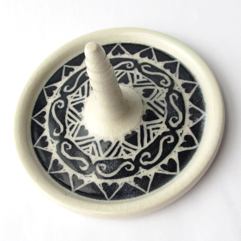 Handmade Ceramic Ring Holder with Hearts and Swirls