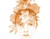 Sepia portrait photomontage digital art print flowers collage wall art