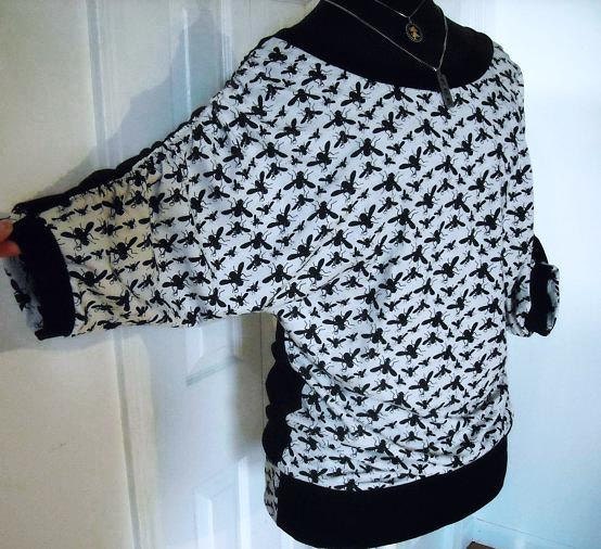 Two Toned Creepy Crawly Slouchy Dolman Top w/ Ruched Sleeves / Bugs Insects / Black White / Medium / Handmade by Needle Slave Designs