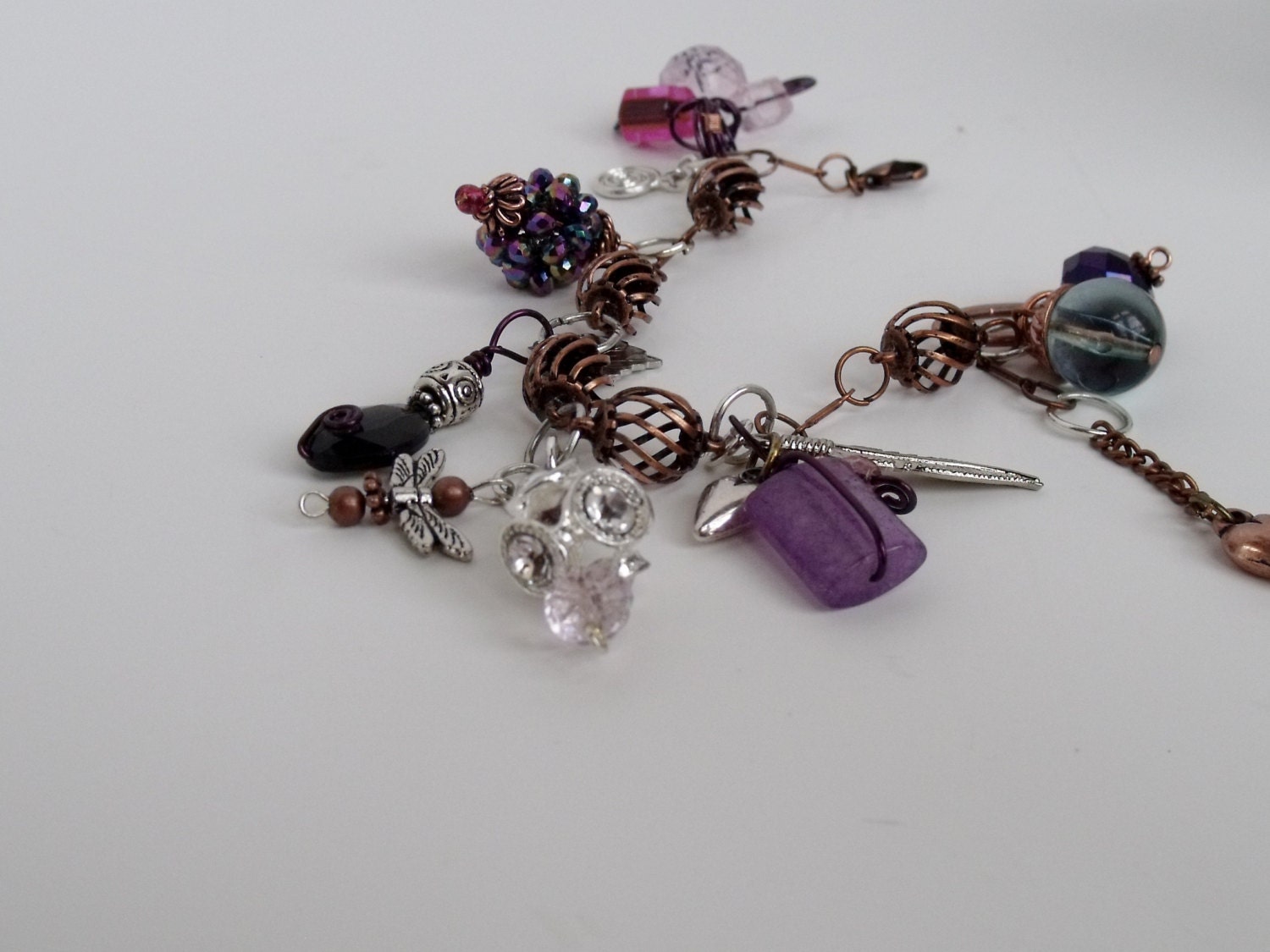 Copper Charm Bracelet, Purple, Pink , Silver Charm Bracelet, Wire Wrap, Bling Bracelet