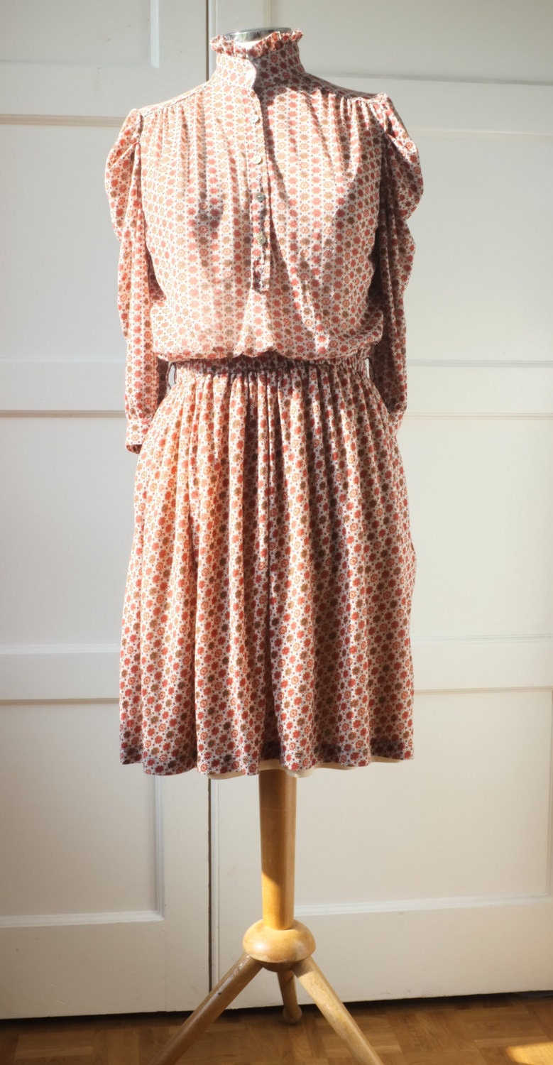 Graphic floral jersey prairie shirt dress 80s