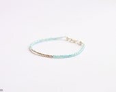Sky blue silver beaded bar bracelet - curve tube dash glass seed friendship bff layering stacking minimalist modern everyday jewelry