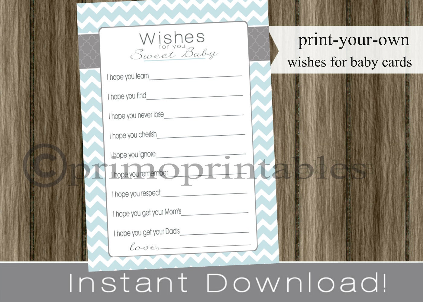 Baby Shower Wishes for Baby cards boy light blue chevron INSTANT DOWNLOAD diy printable digital file print your own Il_170x135