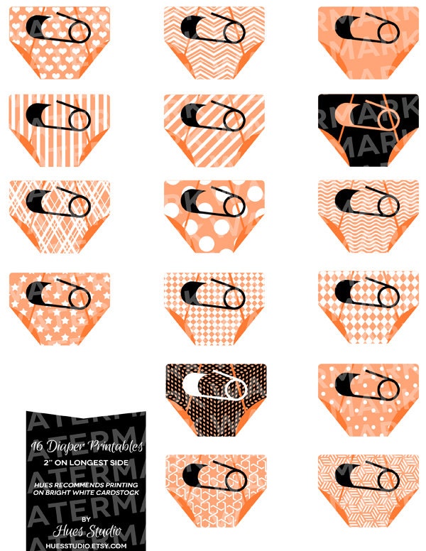 16 ORANGE Black and White DIAPER Printables : Decor / Cake Toppers  / Instant Download - Hues Studio
