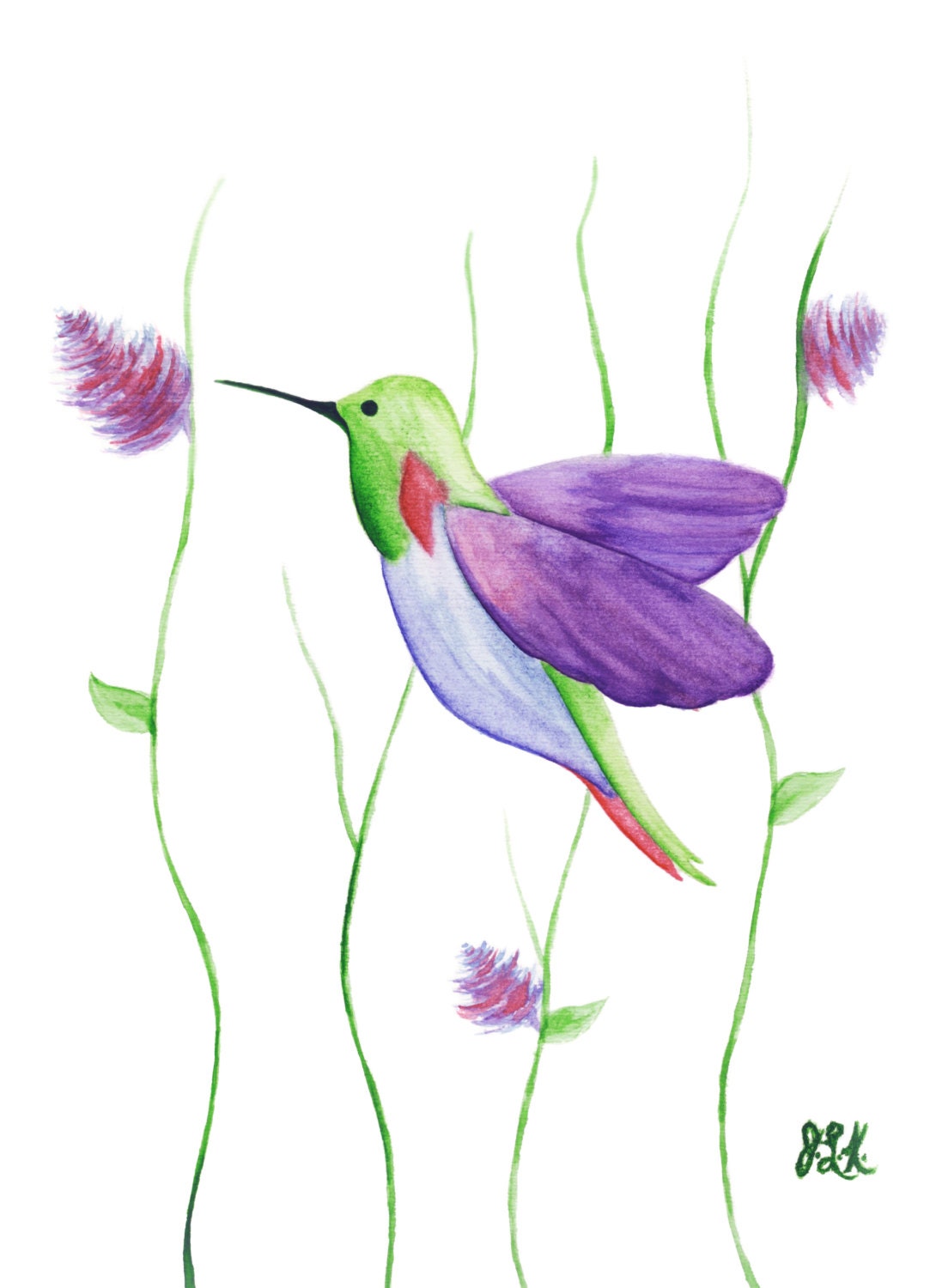 Hummingbird Watercolor Painting Giclee Print Fine Art Archival Bird Animal Humming Bird Colorful Nature Green Blue Purple Red 8 1/2 x 11