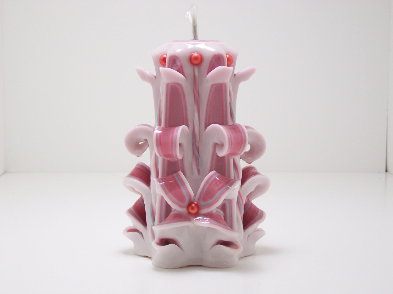 Southwestern Sunset Pink & White Native American Hand Carved Oil Burning Candle With Red Glass Pearls