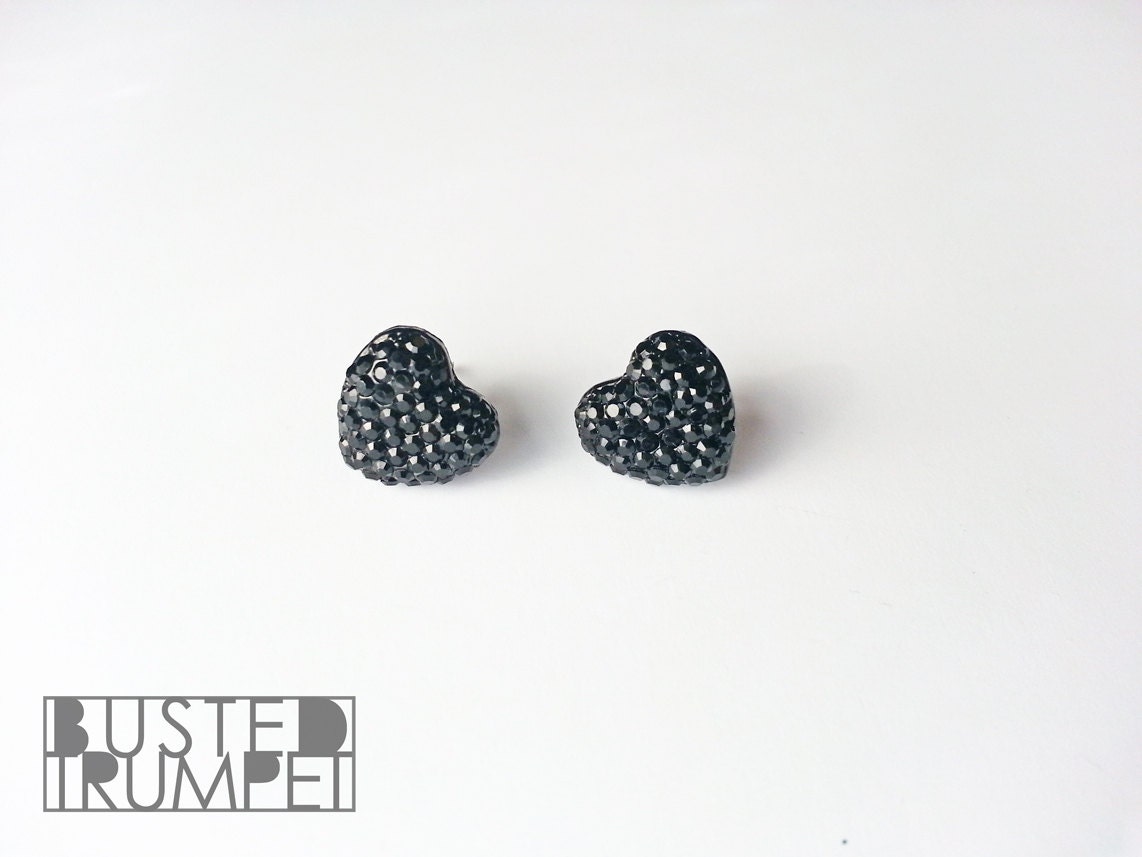 Black Heart Rhinestone Cluster Earrings - Wedding Bridal Party or Bride - Surgical Steel Posts