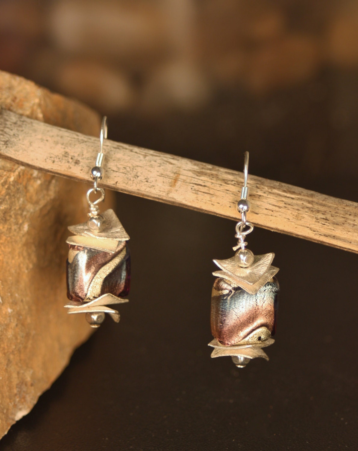 Venetian Silver, Blue, and Purple Murano Foil Glass Earrings with Brushed Silver Waved Accents