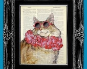 DECORATIVE ART Wall Hanging Decor CAT Print Poster Art Print on Book Page Art Fun Cute Cool Cat Artwork Stuff - Fat Cat with Glasses & Scarf