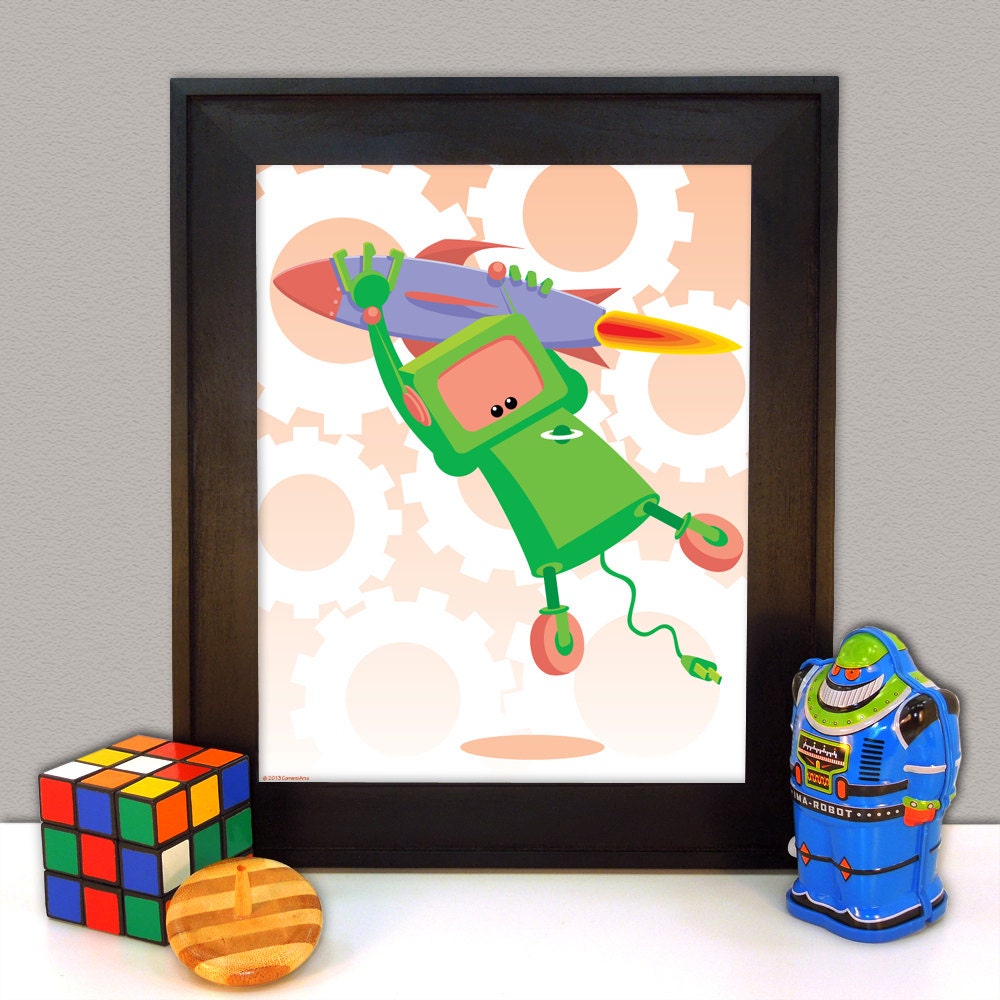 Robot Art Print, Kids Room Wall Art, 8x10, Robot Art, Giclee Print