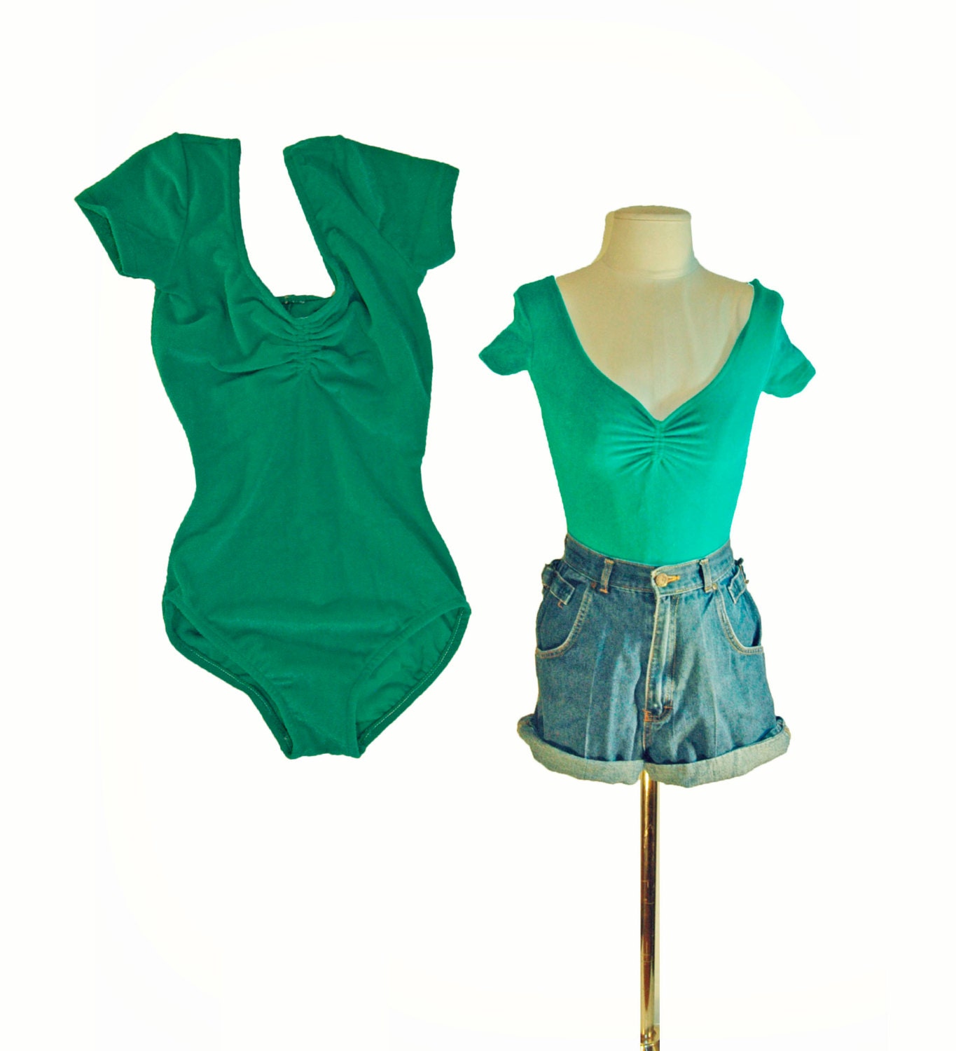70s Teal Terry Cloth Body Suit V-Neck Short Sleeve xs xxs disco 1970s 1990s 70s Leotard