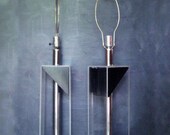 Pair of Two VIntage Contemporary 60s 70s Chrome Lamps with Black Wood and Clear Acrylic Structure.