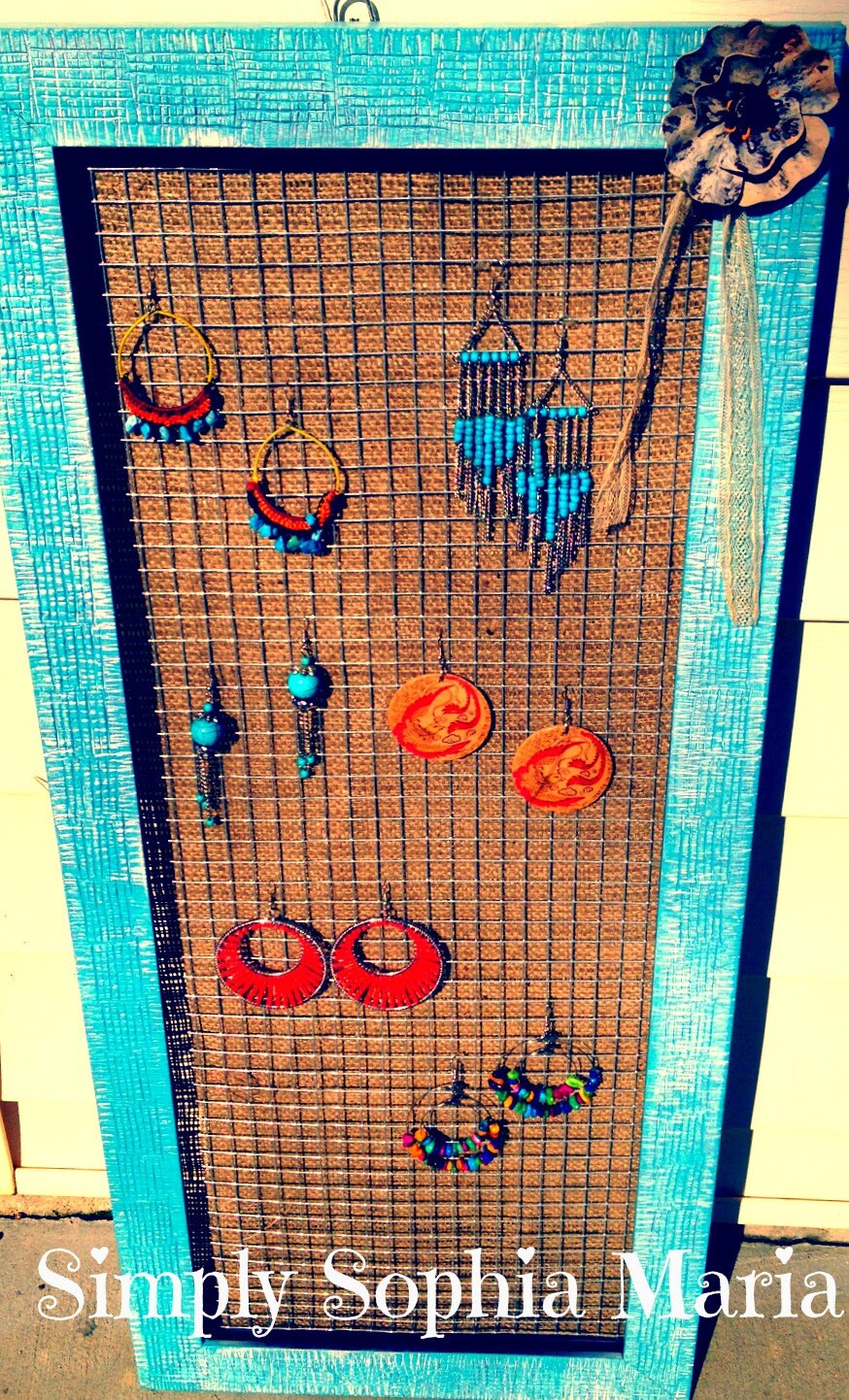 Jewelry Display - Earrings Holder  - Shabby Chic Distressed Aqua Frame with Burlap & Chicken Wire - Accessories and Picture Holder