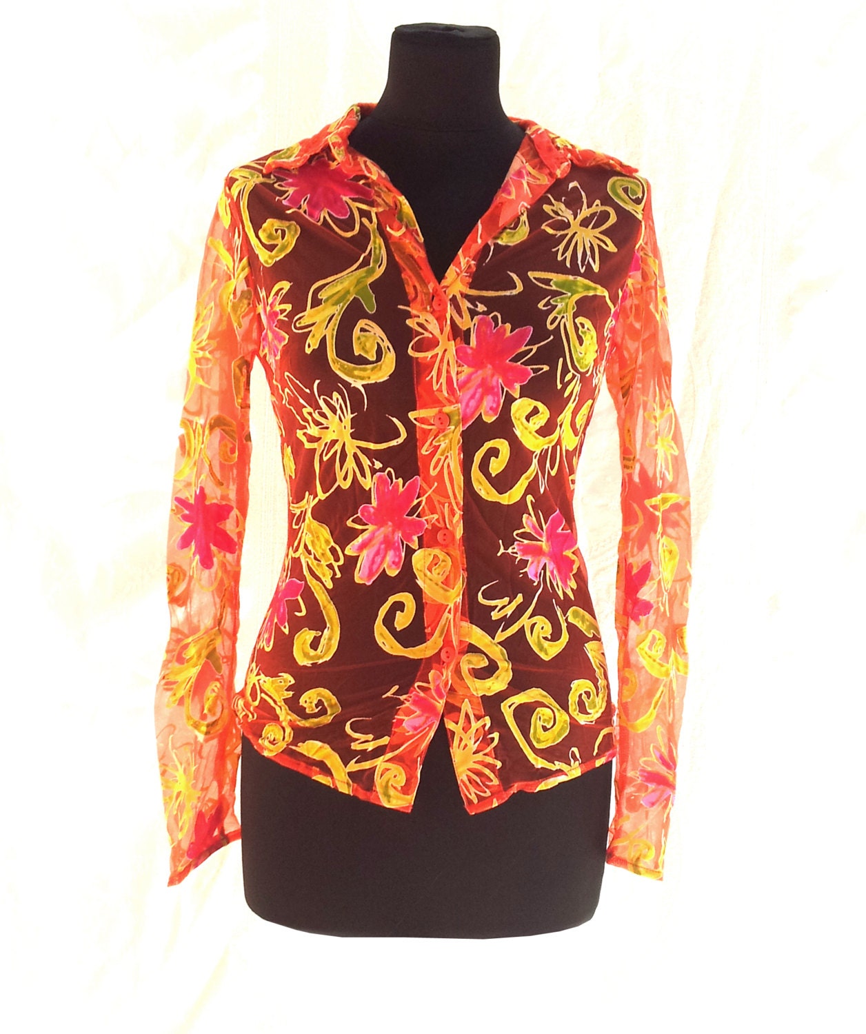 Free shipping Gottex 90's Orange Button Up Floral Sheer Top blouse,long Sleeve ,Size S M, One piece
