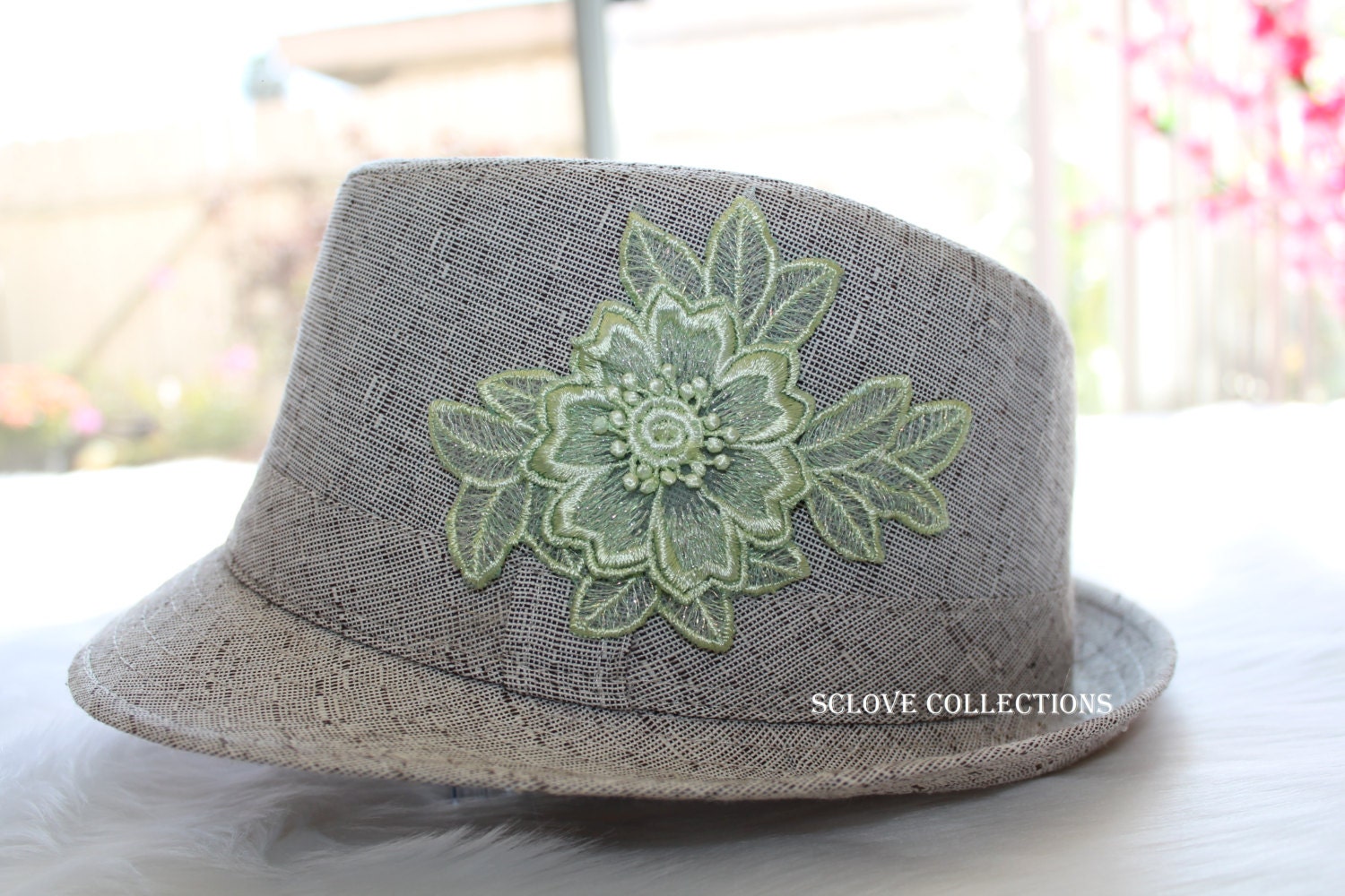 Fedora Summer Fancy Green Flower Trims Gray Fedora Trendy Fashion New Style Spring CLEARANCE SALES SCLove Collections