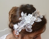 Bridal Hair Accessories,Floral Bridal Lace Headband, Beaded Swarovski crystal lace head piece Bridal fascinator hairpiece vintage style