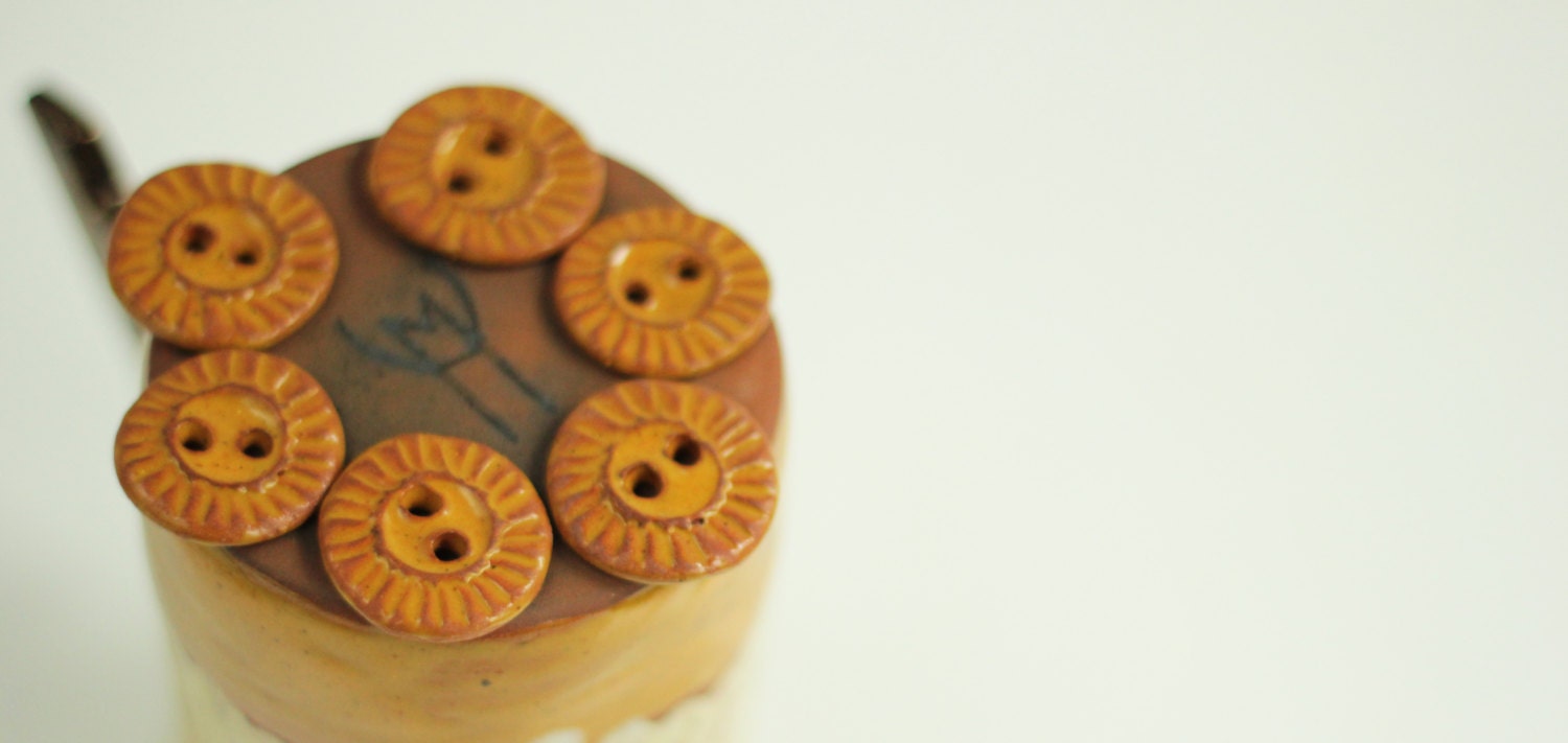Set Of Six Ceramic Rounded Yellow Buttons  - Art Ceramic Buttons - Handmade Buttons - Little Ceramic Buttons