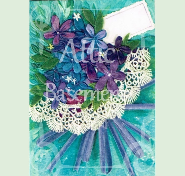 Buy gift tags and ecards - Vintage Card Blue Purple Flowers Bouquet Lace DIGITAL Customizable Downloadable Printable