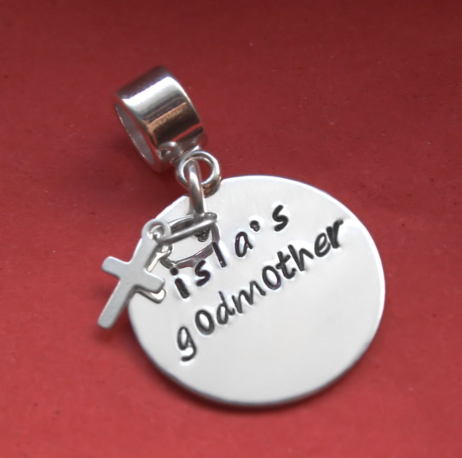 Godmother Gift Hand Stamped Personalized European Charm Sterling Silver Fits All Brands of Bracelets Christening Baptism