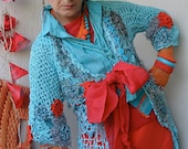 Sassy asymmetric freeform crocheted OOAK signature coat /dress in aqua blue & orange-red manufactured for ladies with attitude