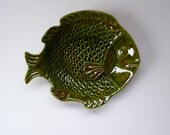 Mid Century Olive Green Drip Glaze Ceramic Fish Plate