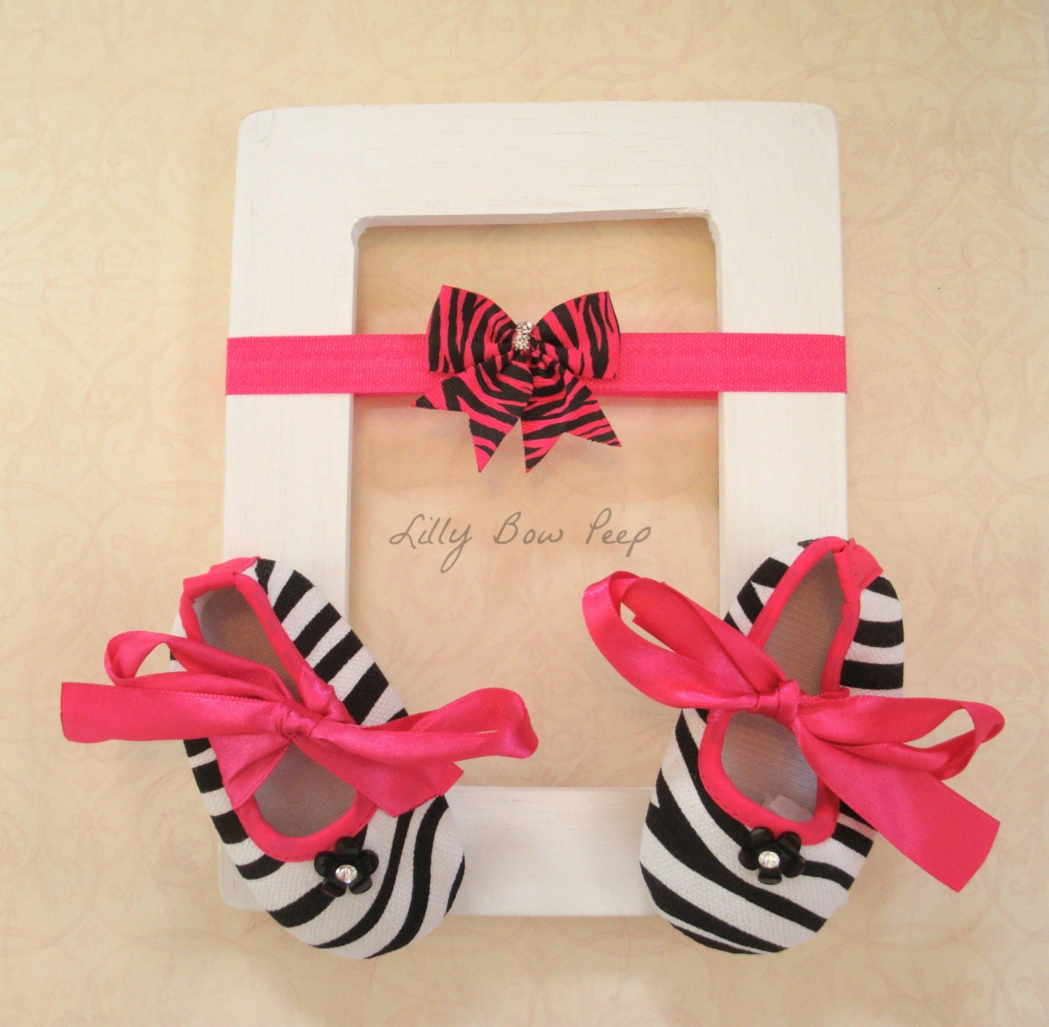 Hot Pink Black White Zebra Print Baby Shoes with Matching Bow Headband-Baby Booties-Girl Shoe SET-Crib Shoes-Slippers-Unique-Infant-Newborn