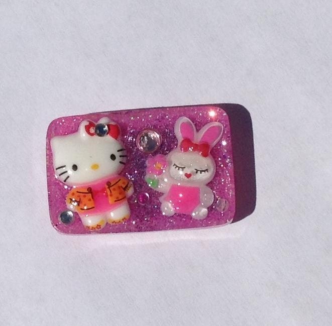Magnet Kawaii Bunny Rabbit and Kitty in Pink Glitter with Bling, Cute Fun Magnet, Locker Magnet, Pink Girl Bling