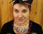 Rockabilly/ Retro 50s, vintage inspired pin-up style hair bow, hair scarf/ hair wrap/ bandana with pirate print. and red ribbon.