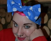 BLUE WHITE SPOTTED rockabilly/ Retro 50s, vintage inspired pin-up style hair bow, hair scarf/ hair wrap/ bandana.