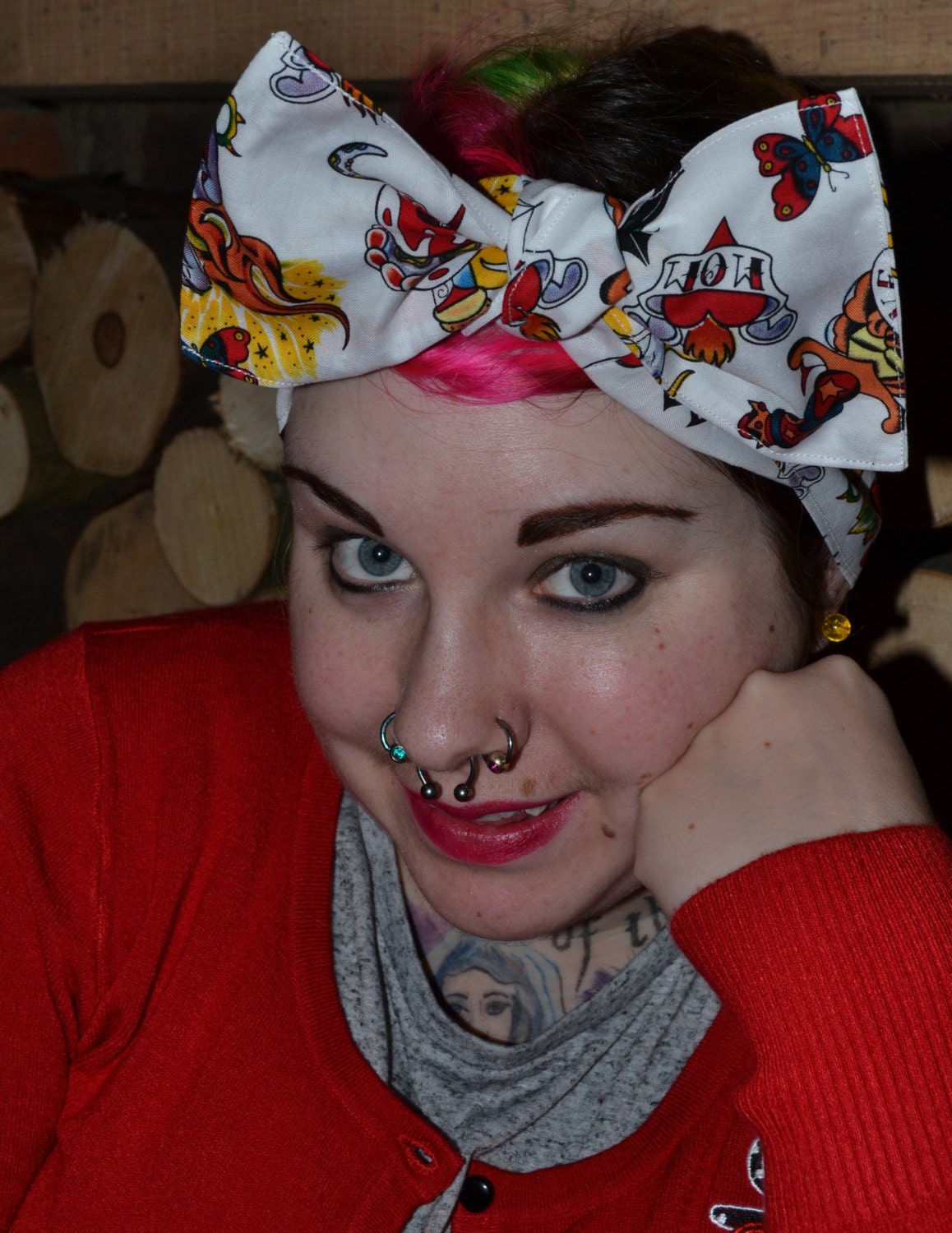 TATTOO STYLE on WHITE rockabilly/ Retro 50s, vintage inspired pin-up style hair bow, hair scarf/ hair wrap/ bandana.