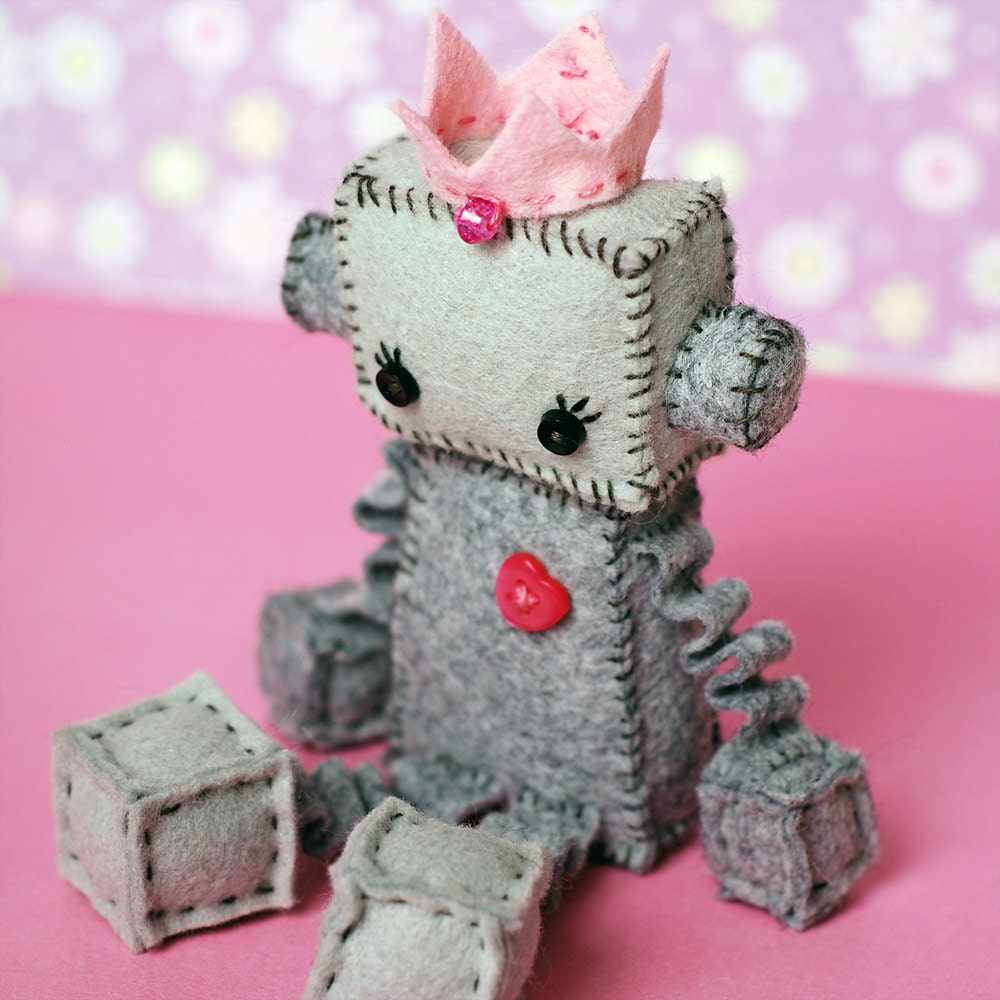 Sweet Princess Robot Plush with Crown and Heart