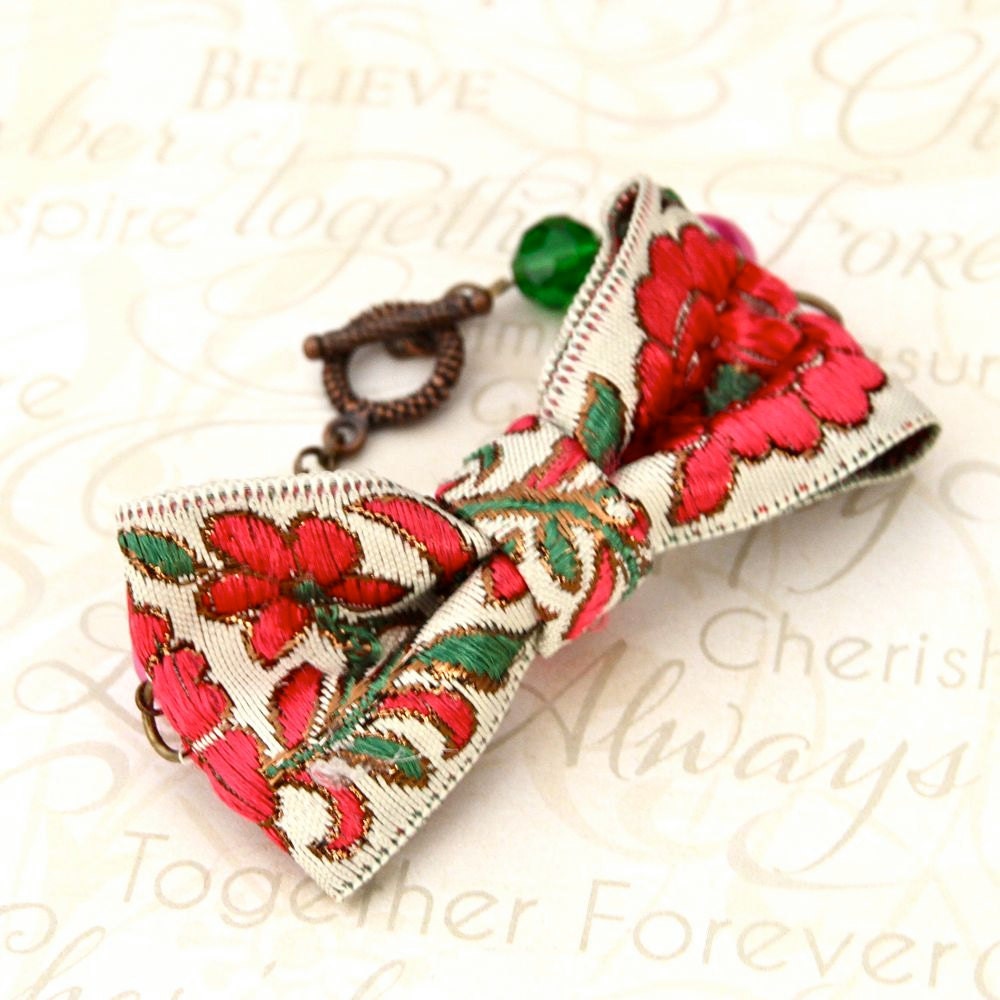Flower Bracelet Beaded Pearl Bracelet Fabric Floral Pink Bow Bracelet Ribbon Cuff Textile Statement Jewelry