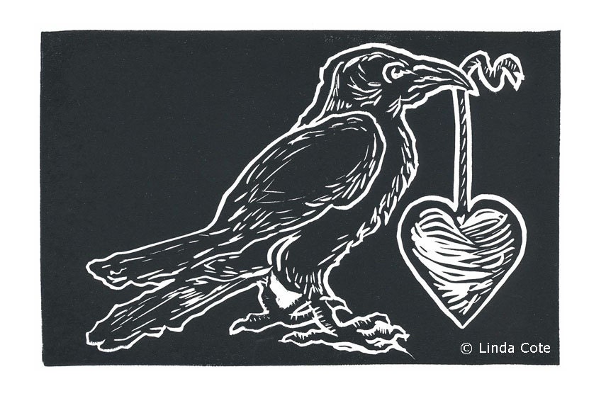 Giving Thanks, Hand Pulled Lino Relief Greeting Card, Raven, Printmaking Original