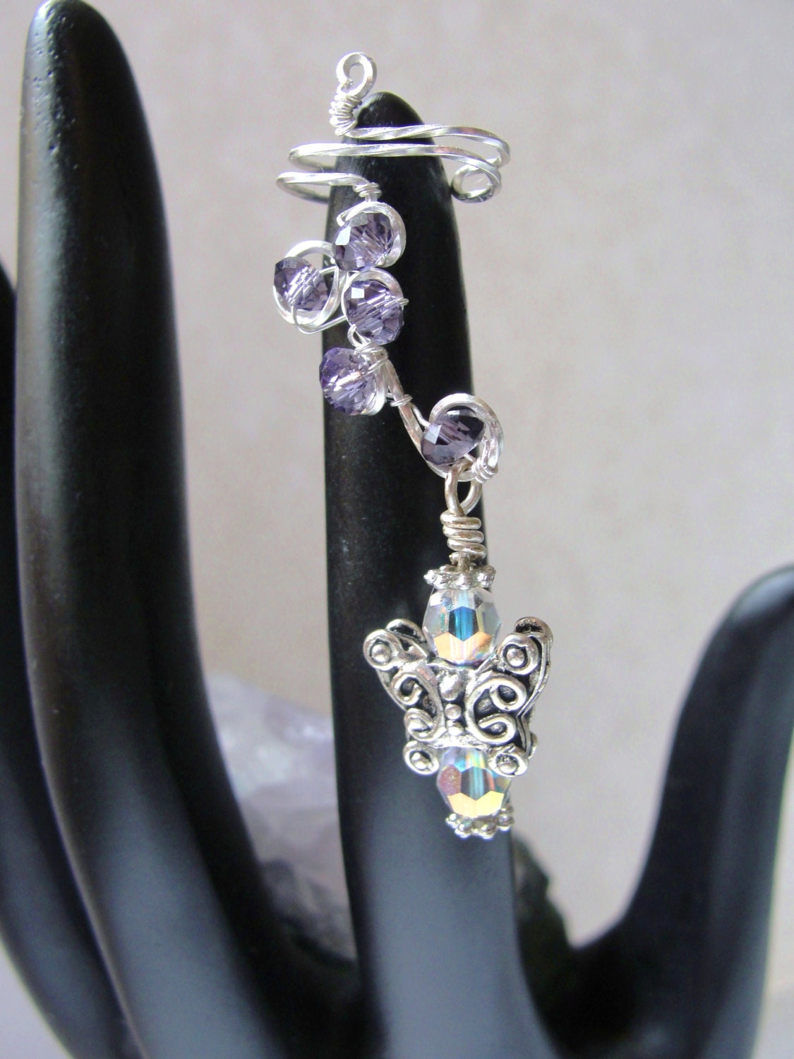 Genuine Amethyst Ear Cuff, Sterling Silver, Angel, Dragonfly, Butterfly, Swarovski Crystals, Wire Wrapped, Wire Sculpted, Artisan Ear Vines
