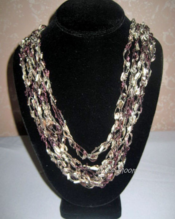 Handmade Chain Necklace Crochet Necklace Trellis Ribbon Ladder Yarn Necklace Mauve Crochet Jewelry