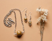 Jewelry set ceramic beads, necklace and earrings, brown golden Pearlized ceramic beads, ethnic boho chic style, silver choker earrings