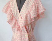 Pink Floral Sheer 70s Dress with Ruffled V-Neck by Avon Fashions