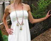 Long Tribal Necklace with Tassels// Ethnic Boho Chic Necklace // Mint Green Ceramic Beads // Bronze Chain // Hand Braided
