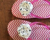 Pink Chevron Flip Flops with White & Black Polka Dot Flowers